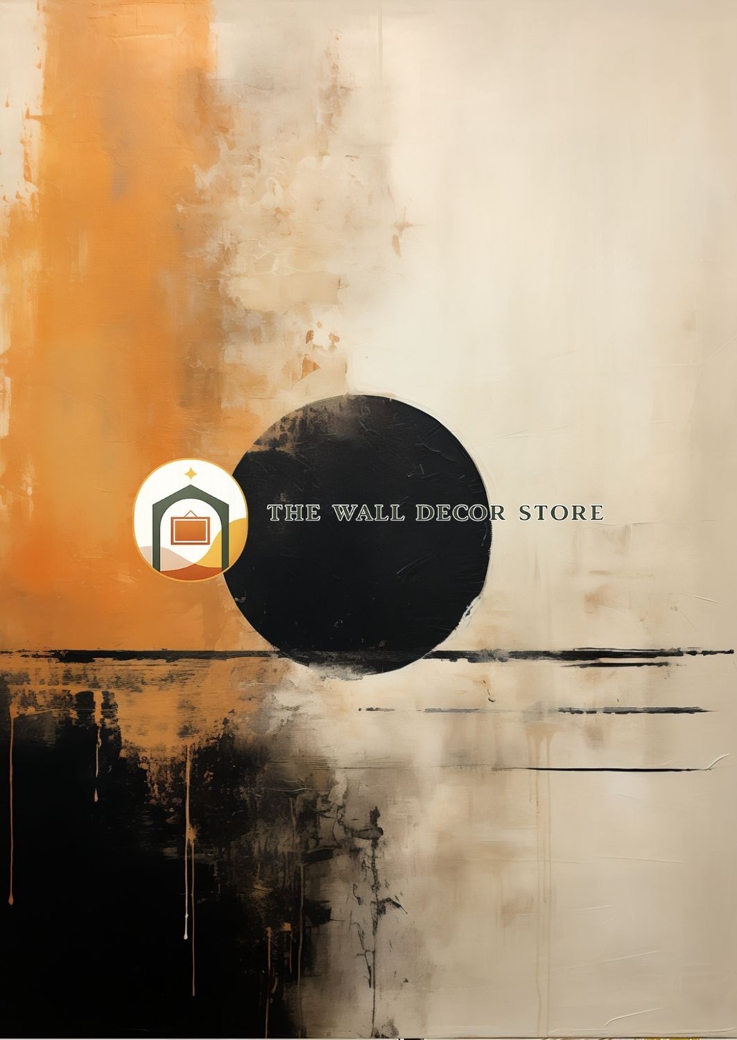 Abstract art with a black circle and 'The Wall Decor Store' logo.