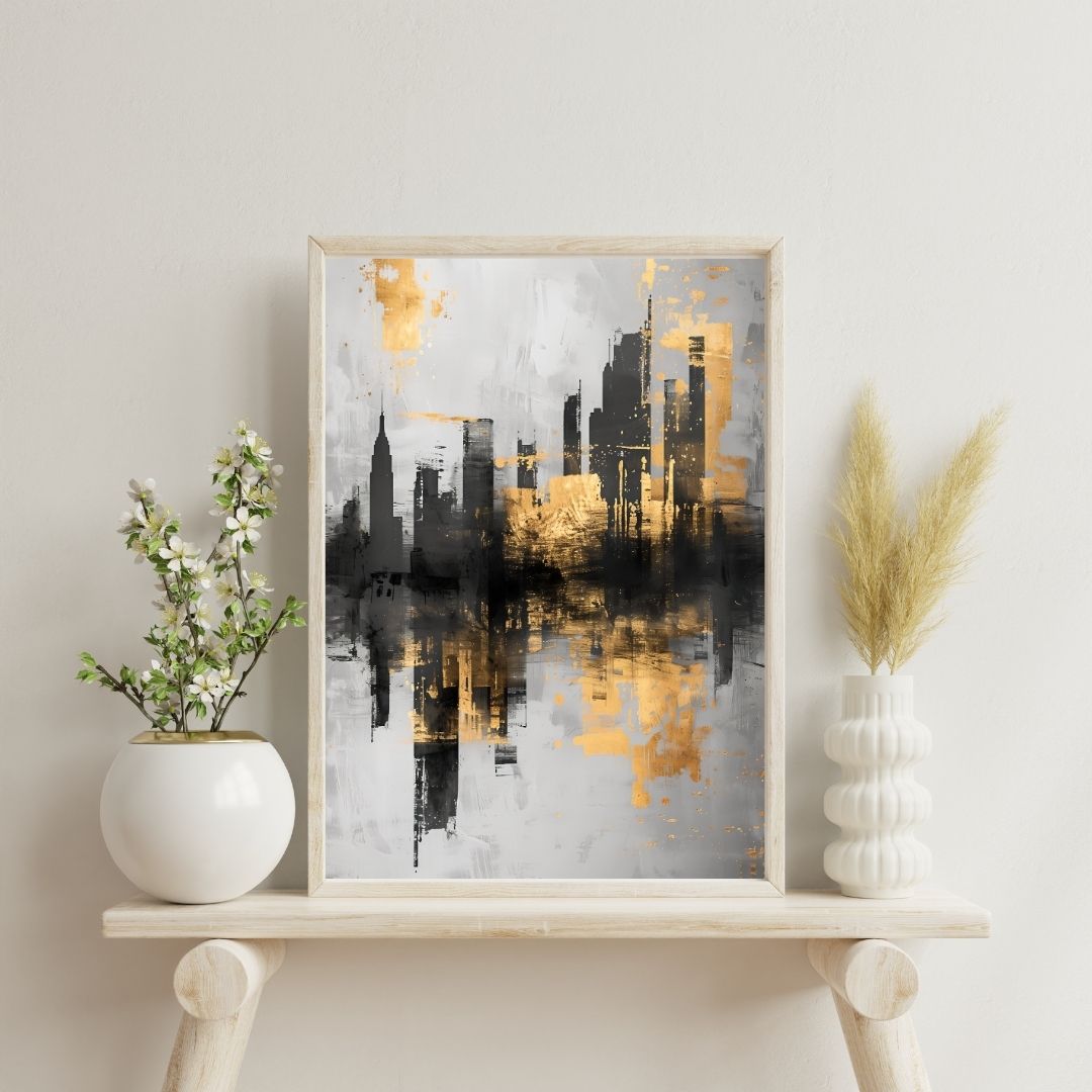 Framed cityscape artwork on a wooden shelf with decorative plants.