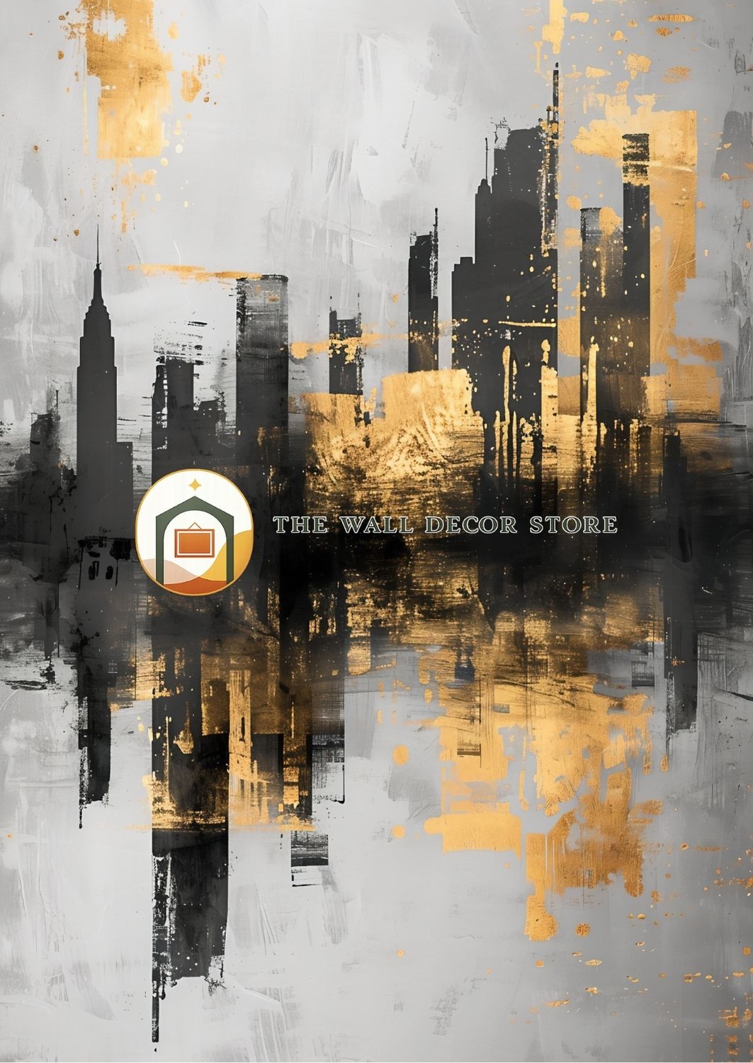 Cityscape painting with gold and black accents, featuring 'The Wall Decor Store' logo.