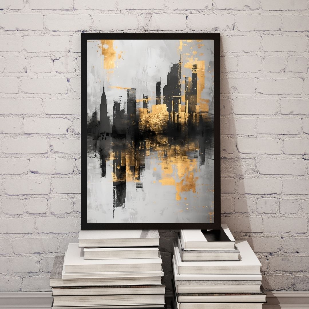 Framed abstract cityscape art piece on a white brick wall.