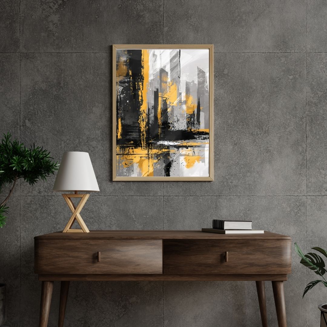 Abstract painting on a gray wall above a wooden console table with a lamp and books.
