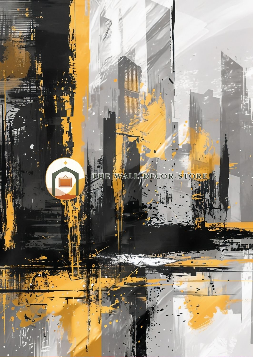 Abstract art print with yellow, black, and gray colors, featuring a cityscape design.