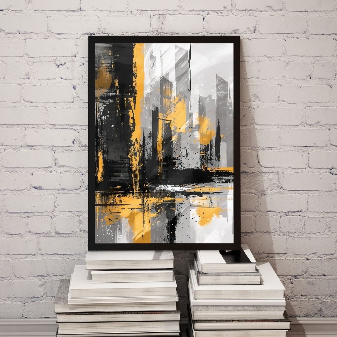 Abstract art print with black and yellow colors on a white brick wall.