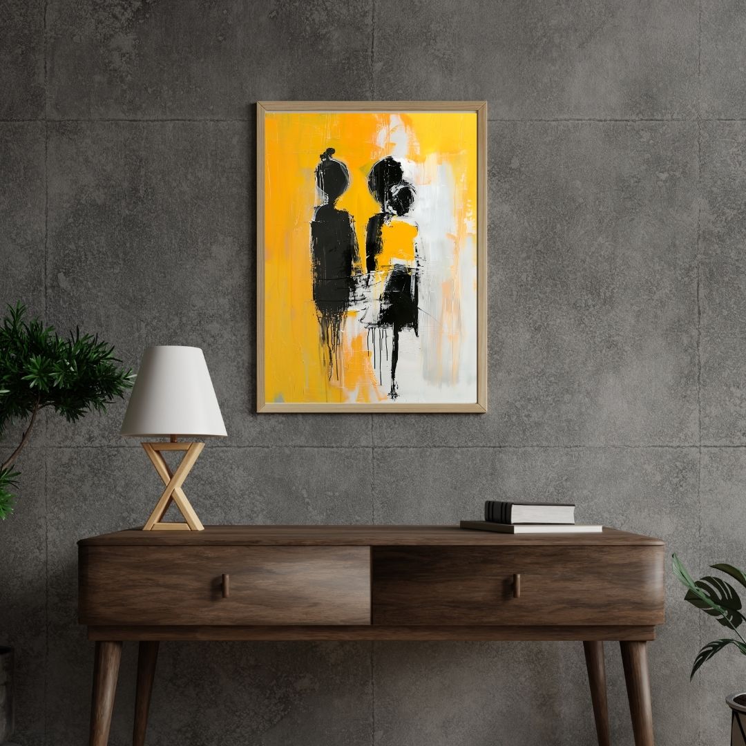 Framed abstract art piece on a gray wall above a wooden console table.