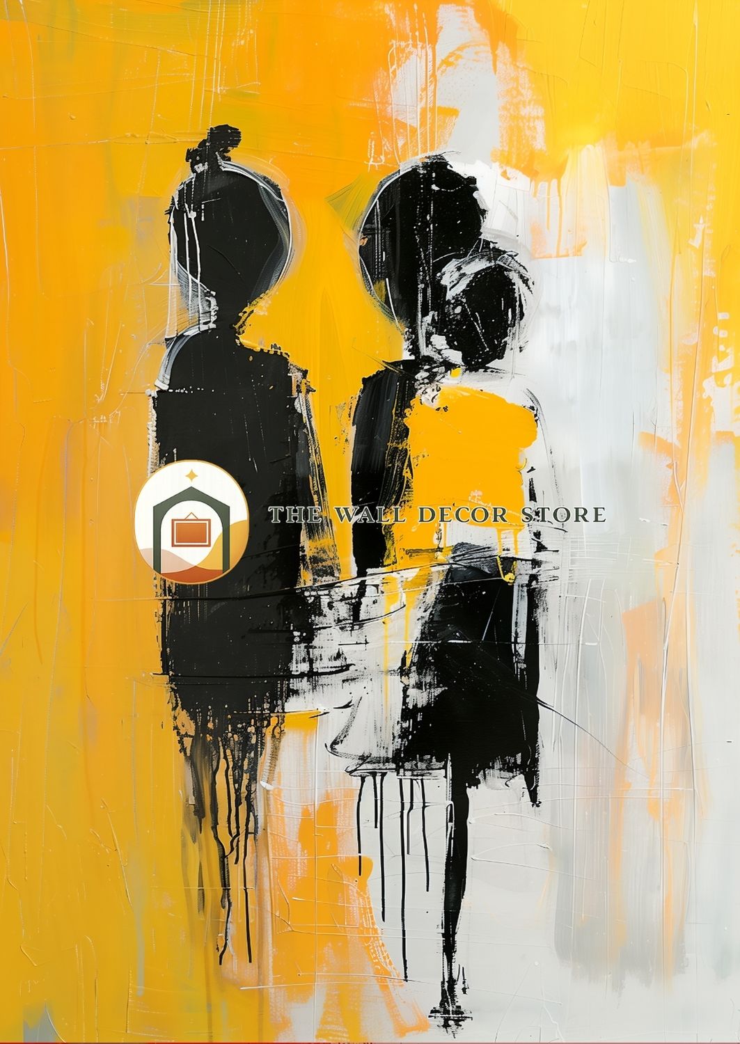 Abstract art of two figures on a yellow background with 'The Wall Decor Store' branding.