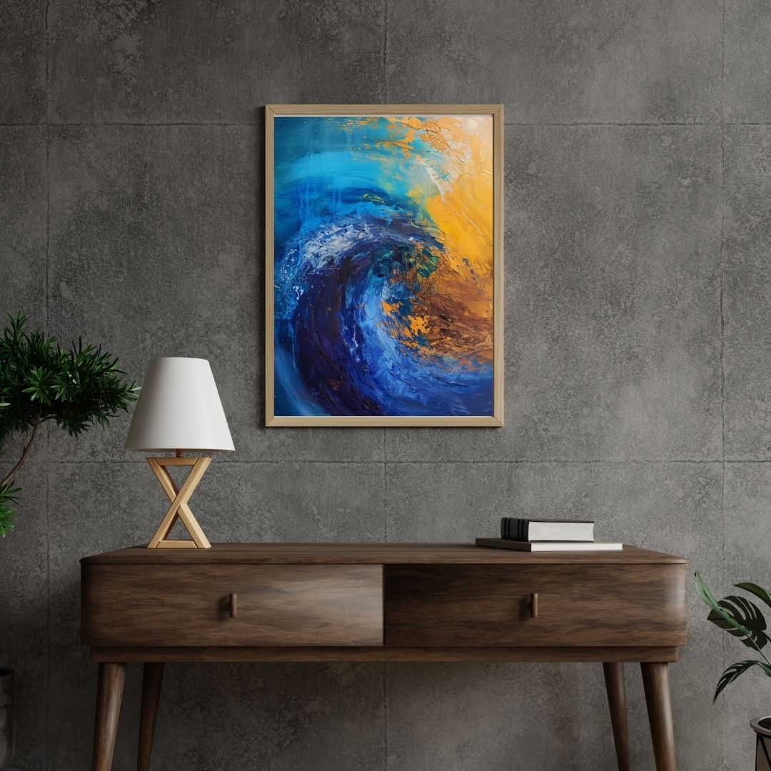 Framed abstract painting on a gray wall above a wooden console table with a lamp and books.