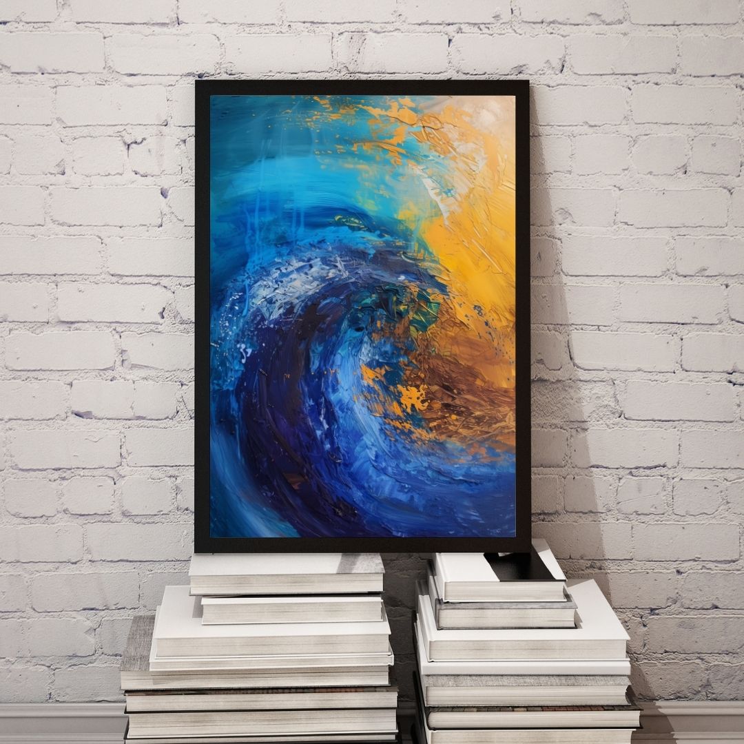 Framed abstract painting with blue and yellow swirls on a white brick wall.