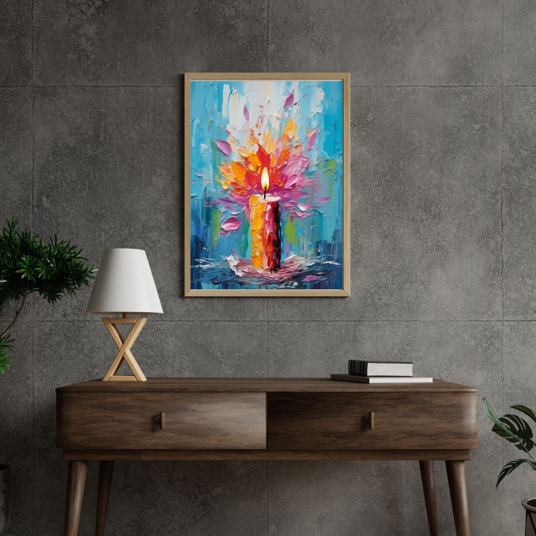 Colorful abstract painting of a candle on a gray wall above a wooden console table.