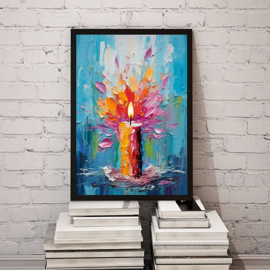 Colorful abstract painting of a candle on a stack of books against a white brick wall.