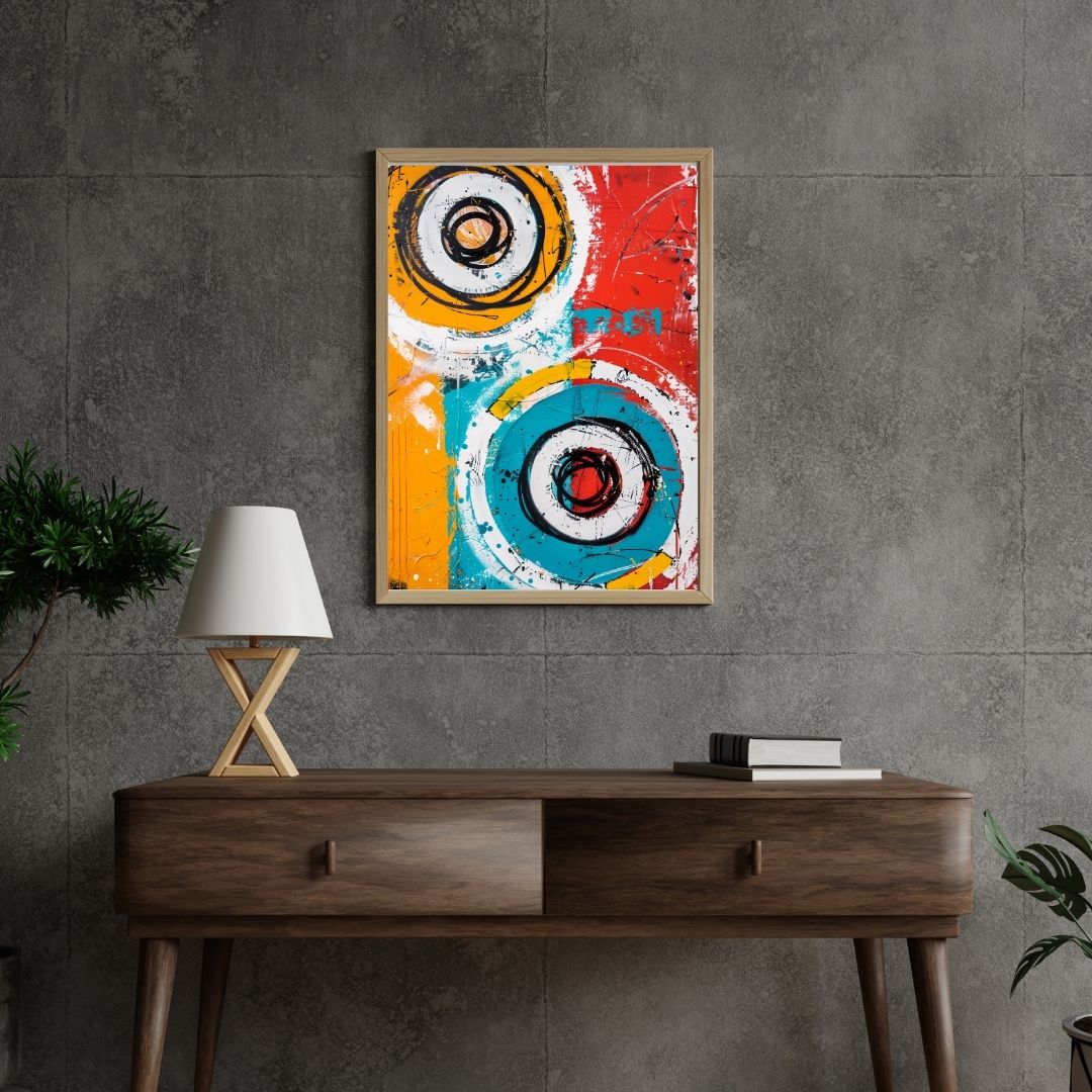 Abstract art piece on a gray wall above a wooden console table.
