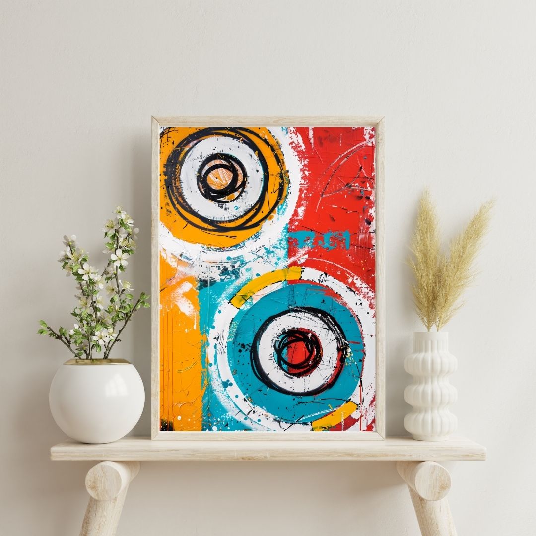 Colorful abstract art piece in a wooden frame on a white shelf with decorative plants.