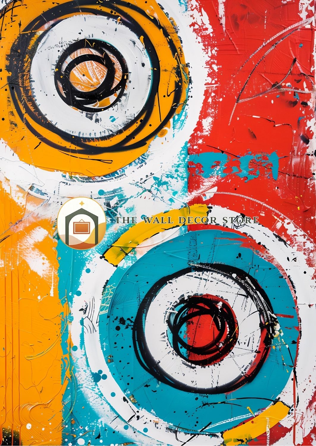 Abstract art with concentric circles in orange, blue, and red on a textured background.