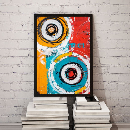 Abstract art print with concentric circles in red, blue, and orange on a white brick wall.