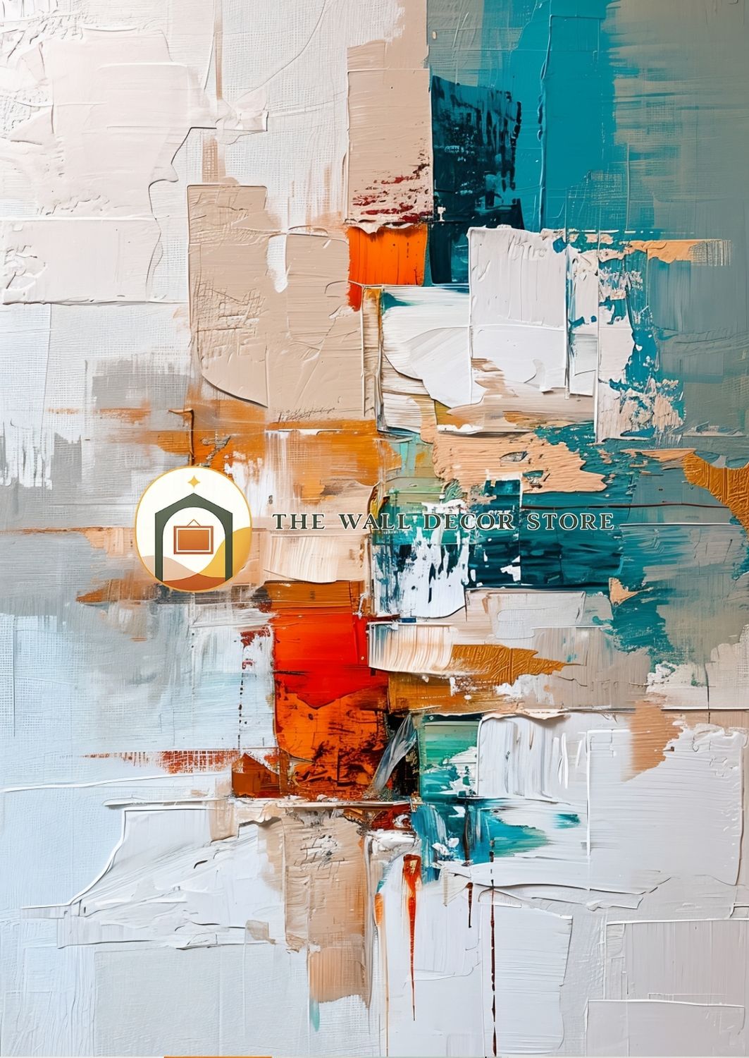 Abstract art painting with splashes of blue, orange, and beige, featuring 'The Wall Street Store' logo.
