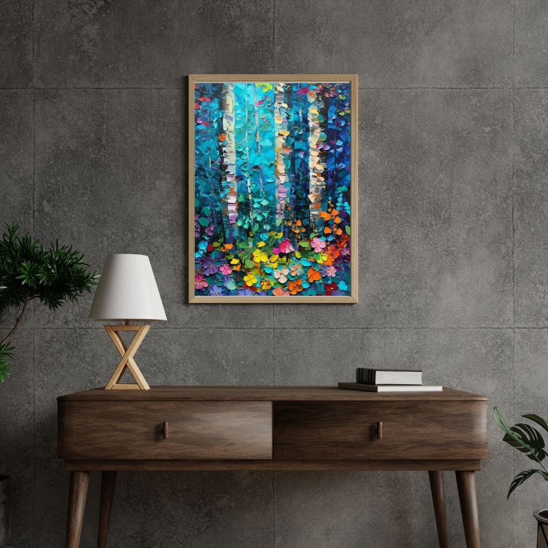 Colorful abstract painting on a gray wall above a wooden console table.