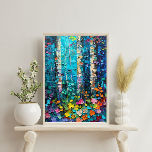 Framed abstract artwork with colorful trees on a white shelf with decorative plants.