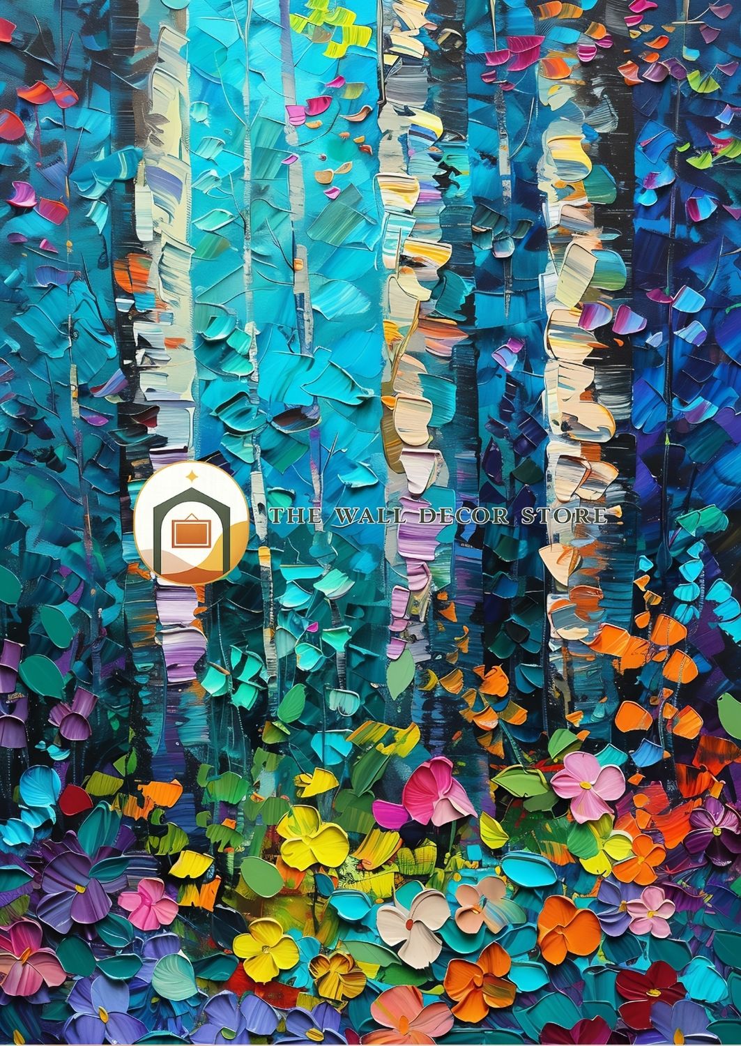 Colorful abstract painting with vertical stripes and floral elements, featuring 'The Wall Decor Store' branding.