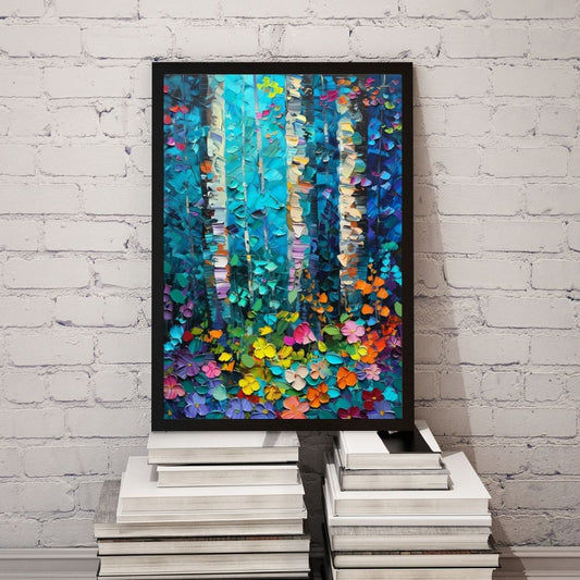 Colorful abstract painting in a black frame on a white brick wall.