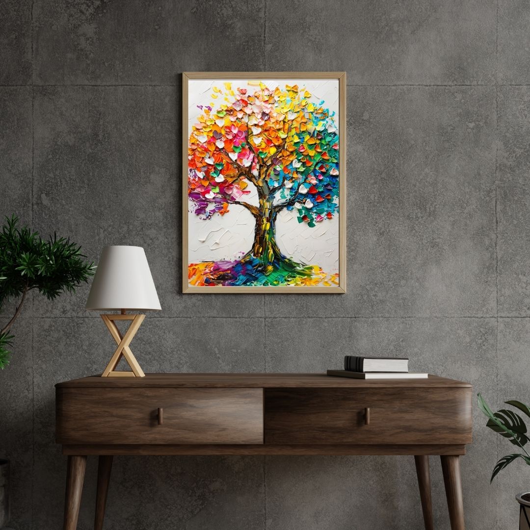 Colorful abstract tree painting on a gray wall above a wooden console table.