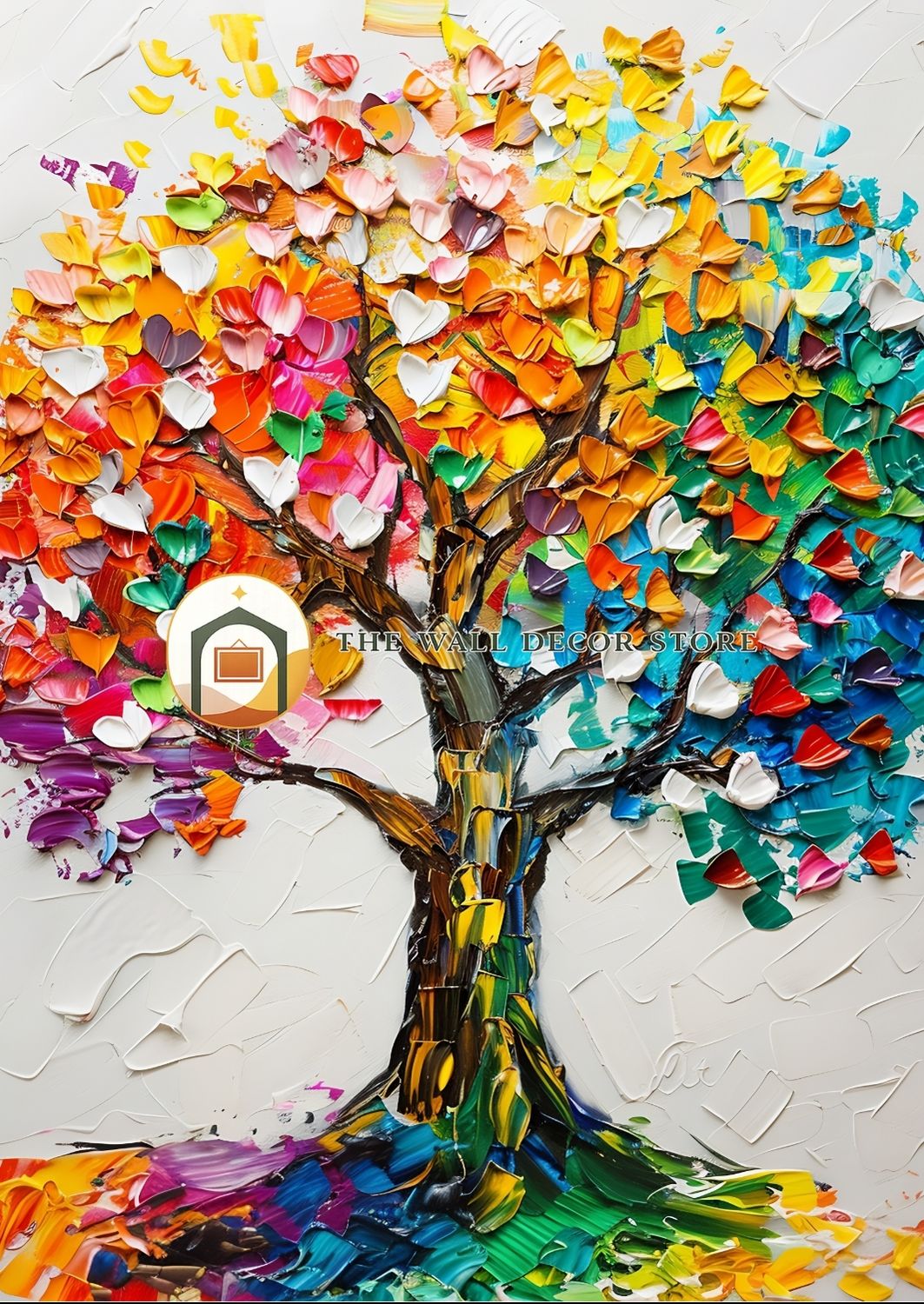 Colorful tree made of heart-shaped cutouts on a white background