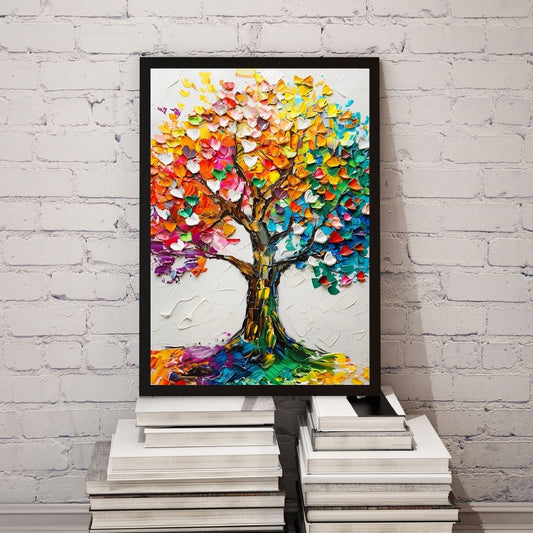 Colorful abstract tree painting on a white brick wall