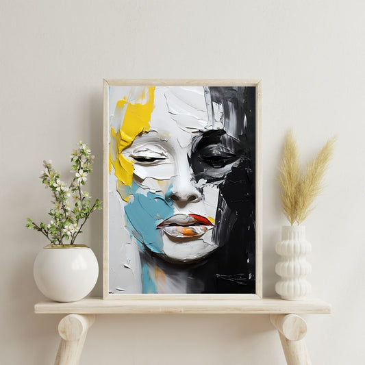 Framed abstract art of a face on a shelf with decorative plants.