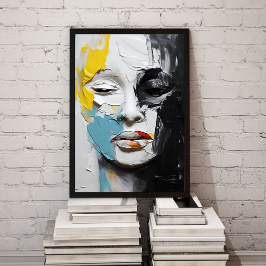 Abstract art print of a face with colorful makeup on a white brick wall.