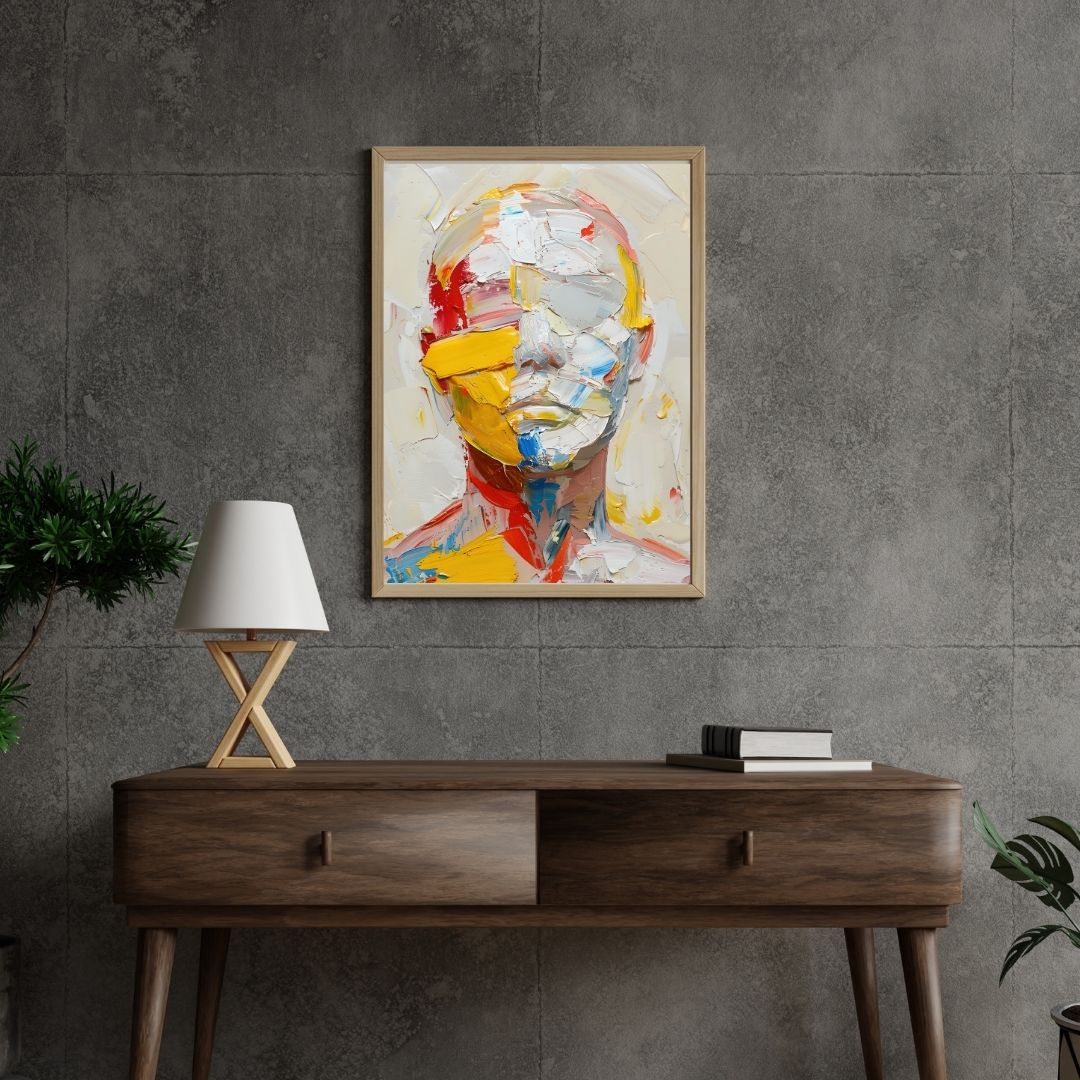 Abstract art painting on a gray wall above a wooden console table.