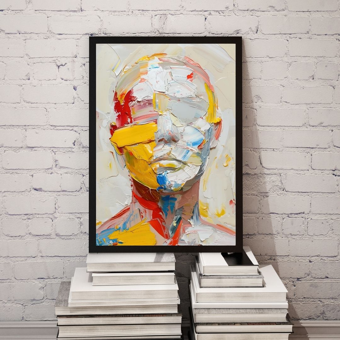 Abstract art of a face with bold colors on a white brick wall.