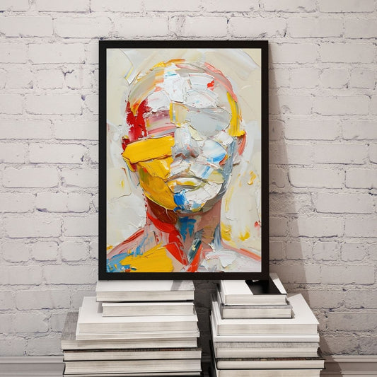 Abstract art of a face with bold colors on a white brick wall.