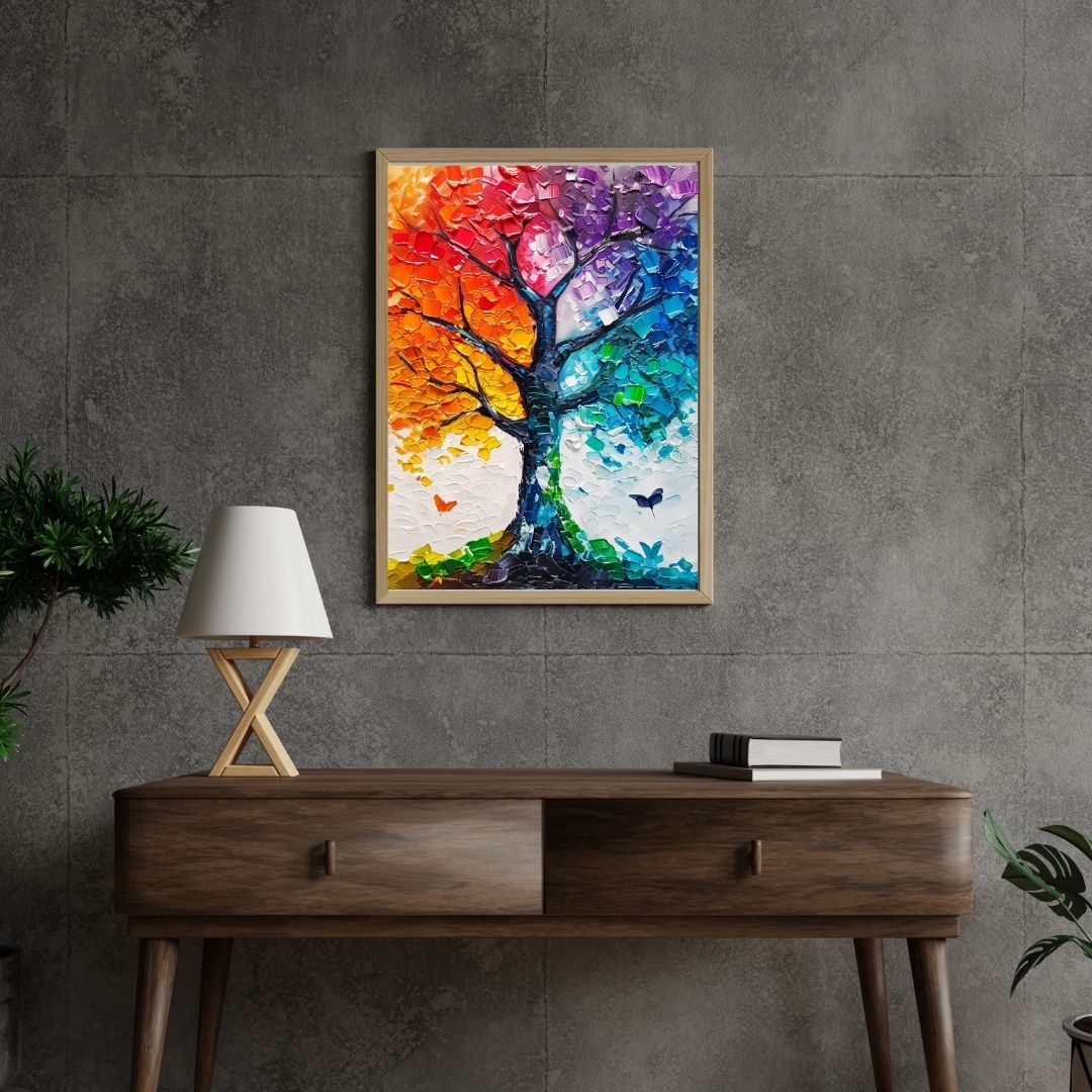 Colorful abstract tree painting on a gray wall above a wooden console table.