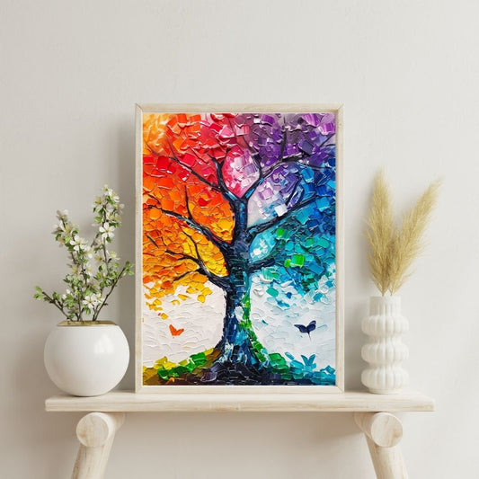 Colorful tree artwork on a shelf with decorative plants