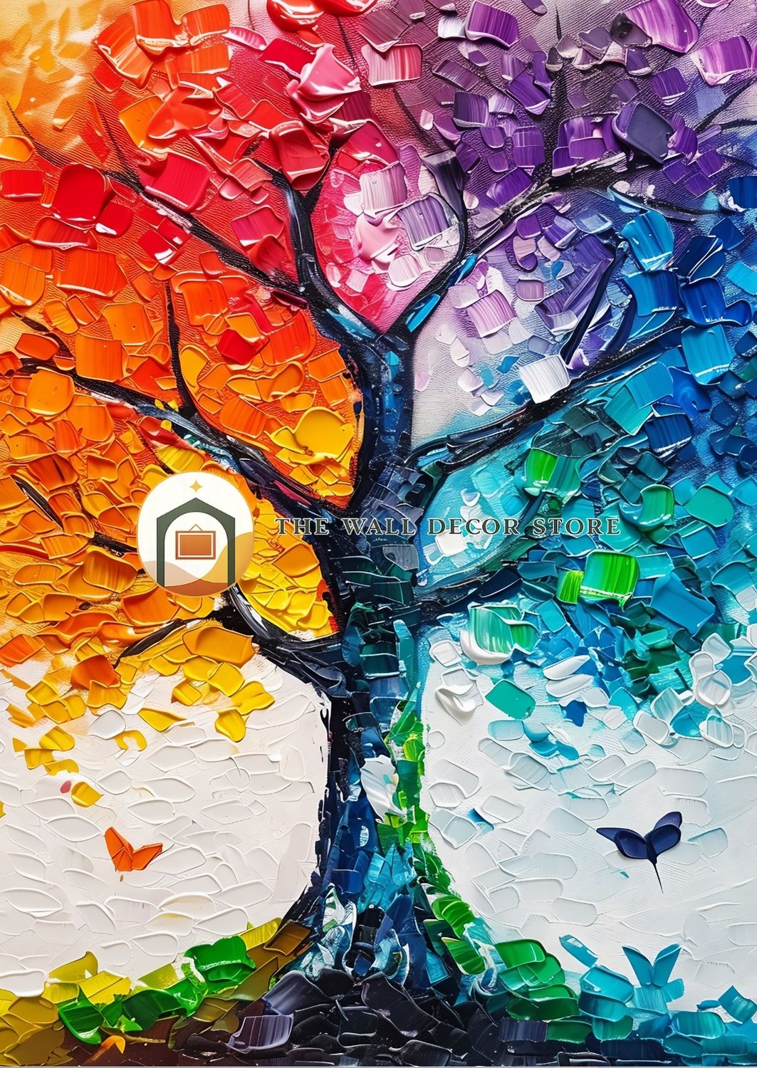 Colorful abstract tree painting with a house and butterflies on a white background.
