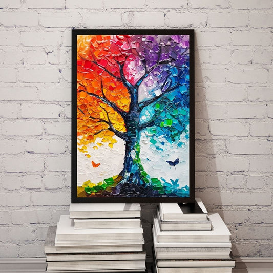 Colorful abstract tree painting on a white brick wall
