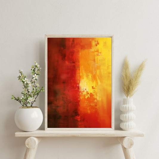 Abstract art piece in a wooden frame on a white shelf with decorative plants.