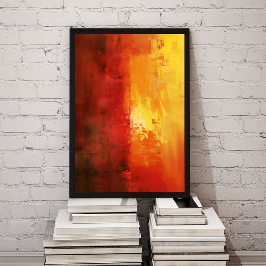 Abstract painting with red and yellow tones on a white brick wall.