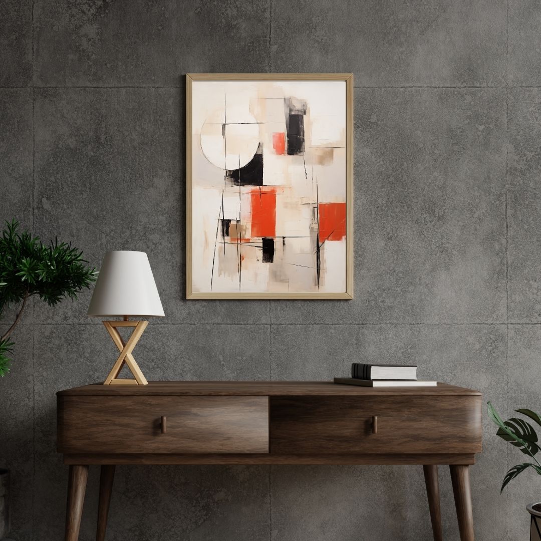 Modern interior with a wooden console table, lamp, and abstract painting on a gray wall.