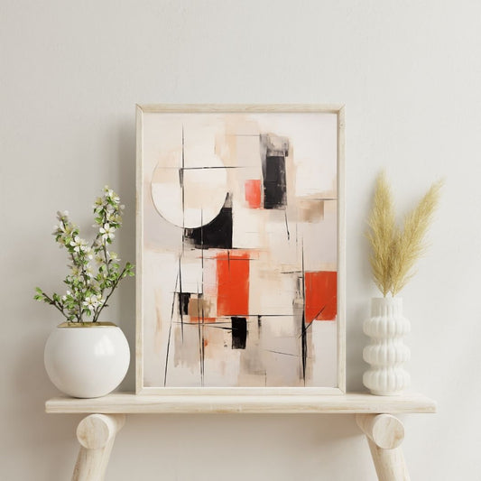 Abstract art piece on a shelf with decorative plants against a light wall