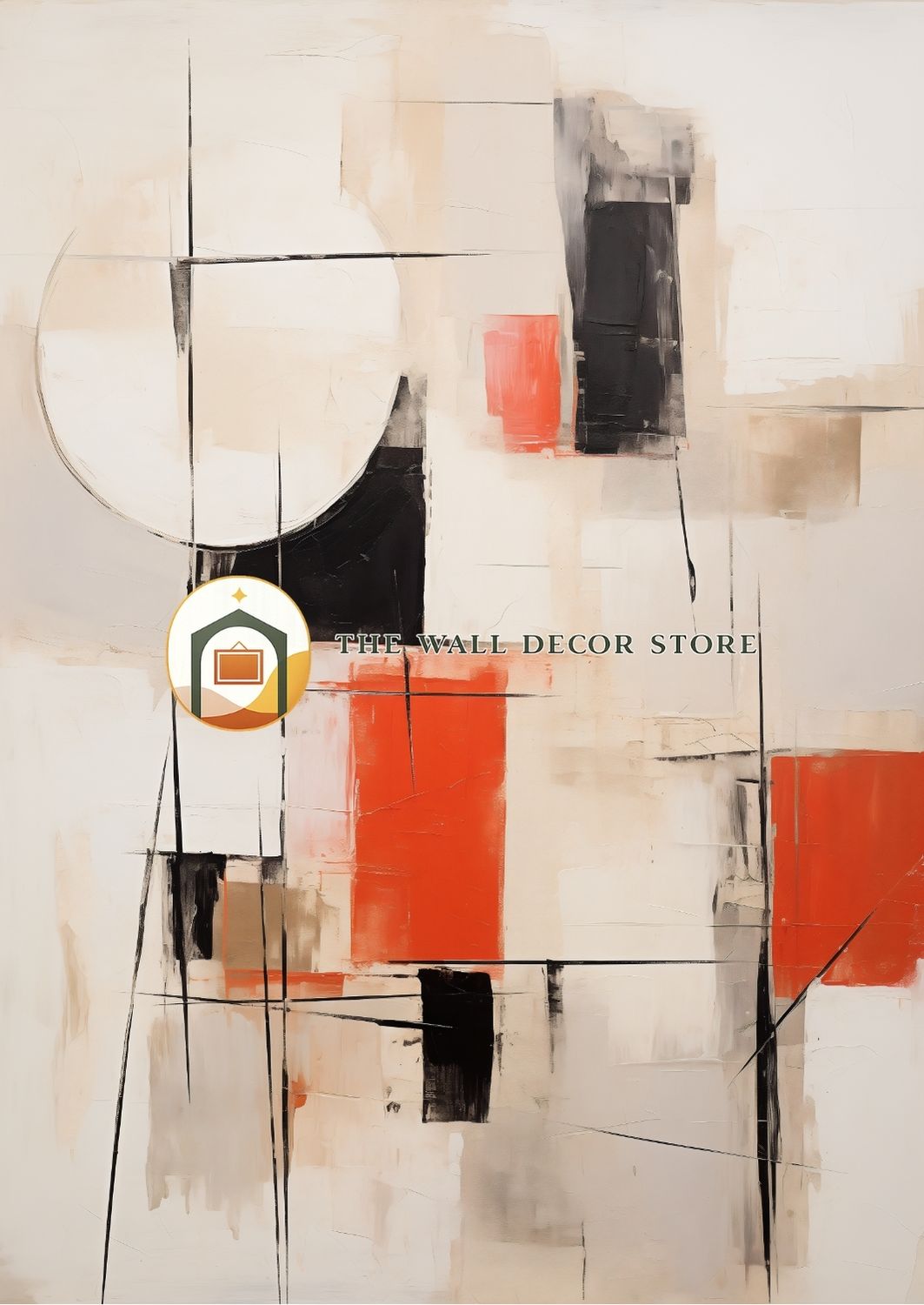 Abstract art painting with geometric shapes on a white background, featuring the brand 'The Wall Decor Store'.