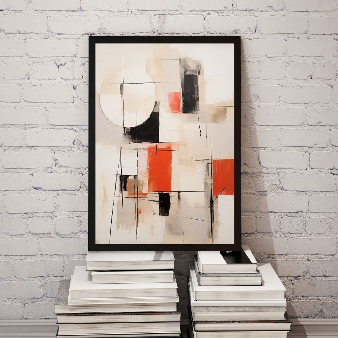 Abstract art piece with geometric shapes on a white brick wall