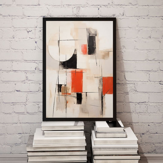 Abstract art piece with geometric shapes on a white brick wall