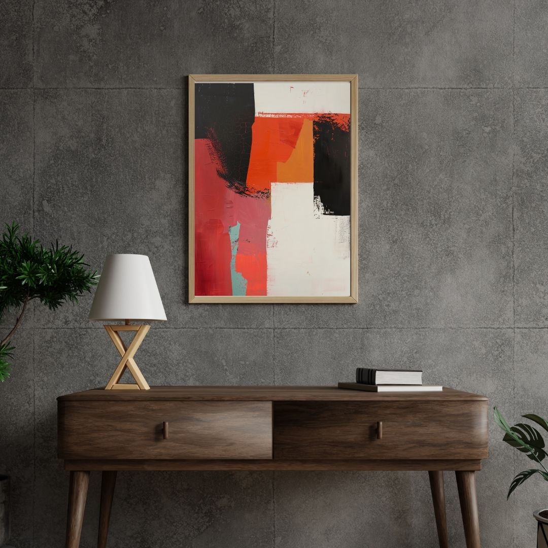 Modern interior with a wooden console table, lamp, and abstract painting on a gray wall.