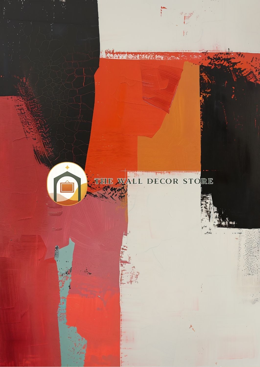 Abstract art with geometric shapes and a logo for 'The Wall Decor Store' in the center.