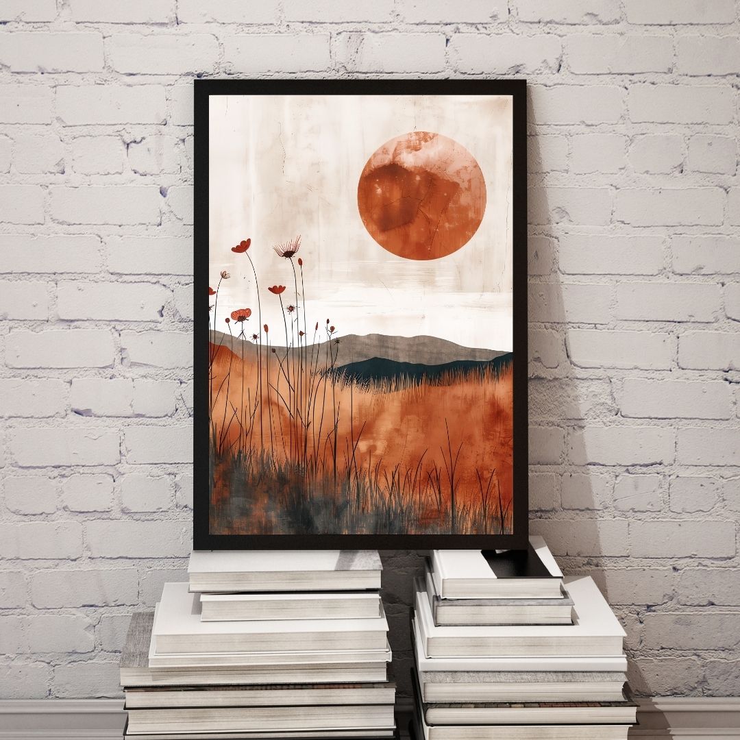 Framed artwork with a sunset over a field on a white brick wall.