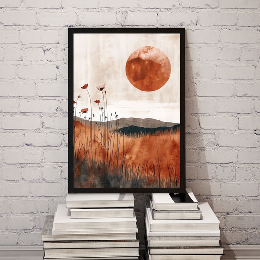 Framed artwork with a sunset over a field on a white brick wall.