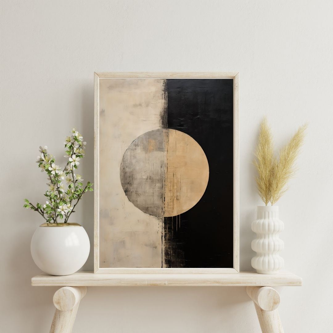 Abstract art piece on a shelf with decorative plants against a light wall