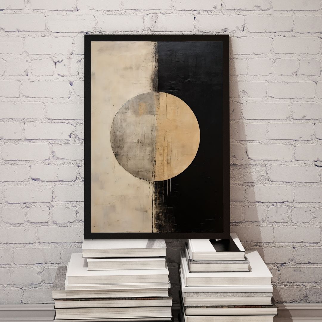 Abstract art piece with a black and beige circle on a white brick wall.