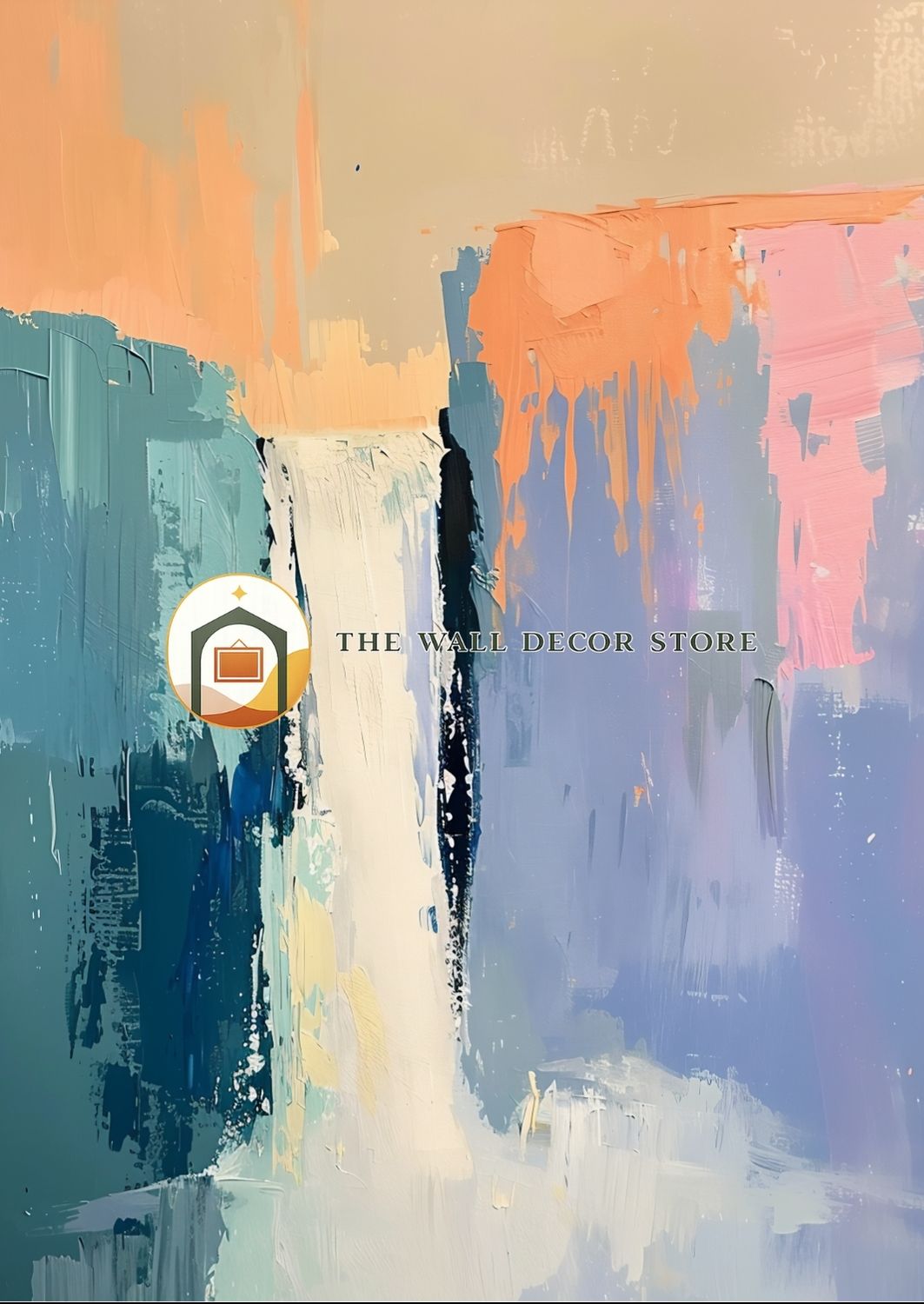 Abstract art with colorful brush strokes and 'The Wall Decor Store' logo.