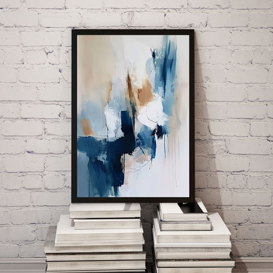 Abstract art print in a black frame on a white brick wall