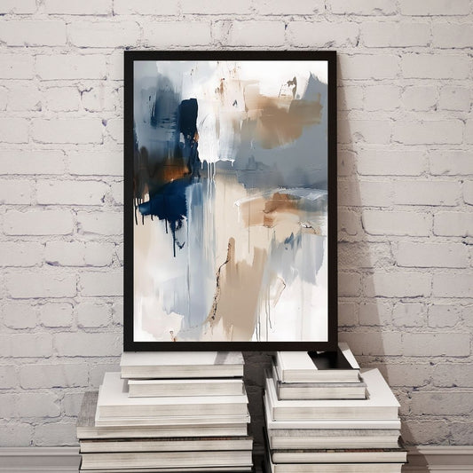 Abstract painting in a black frame on a white brick wall